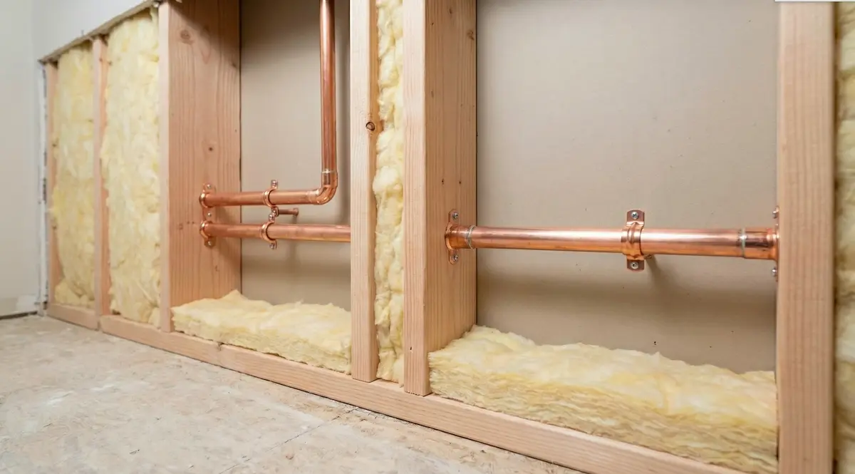 After: Clean restored framing with new insulation and copper pipes