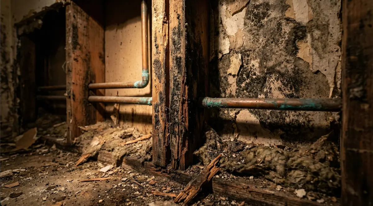 Before: Mold damage and deteriorated framing with debris